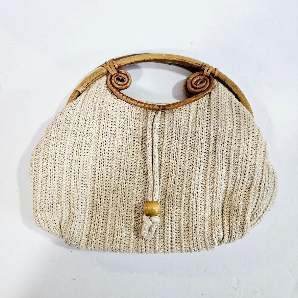 Vintage Hand Made '60s Cream Crochet Knit Boho Bamboo Handles Handbag Purse Bag